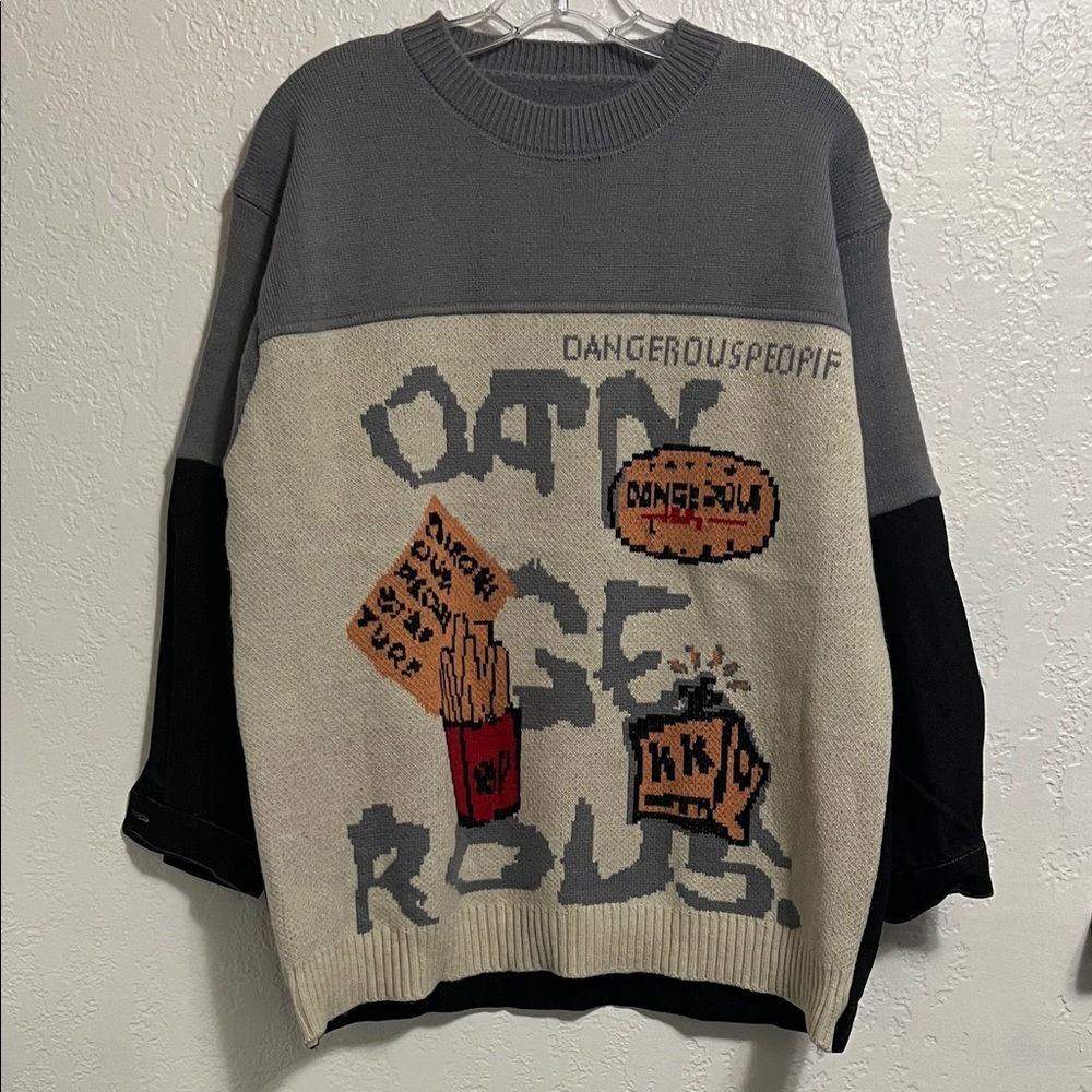 NWOT grey and Cream Denim Graphic Crewneck Sweater